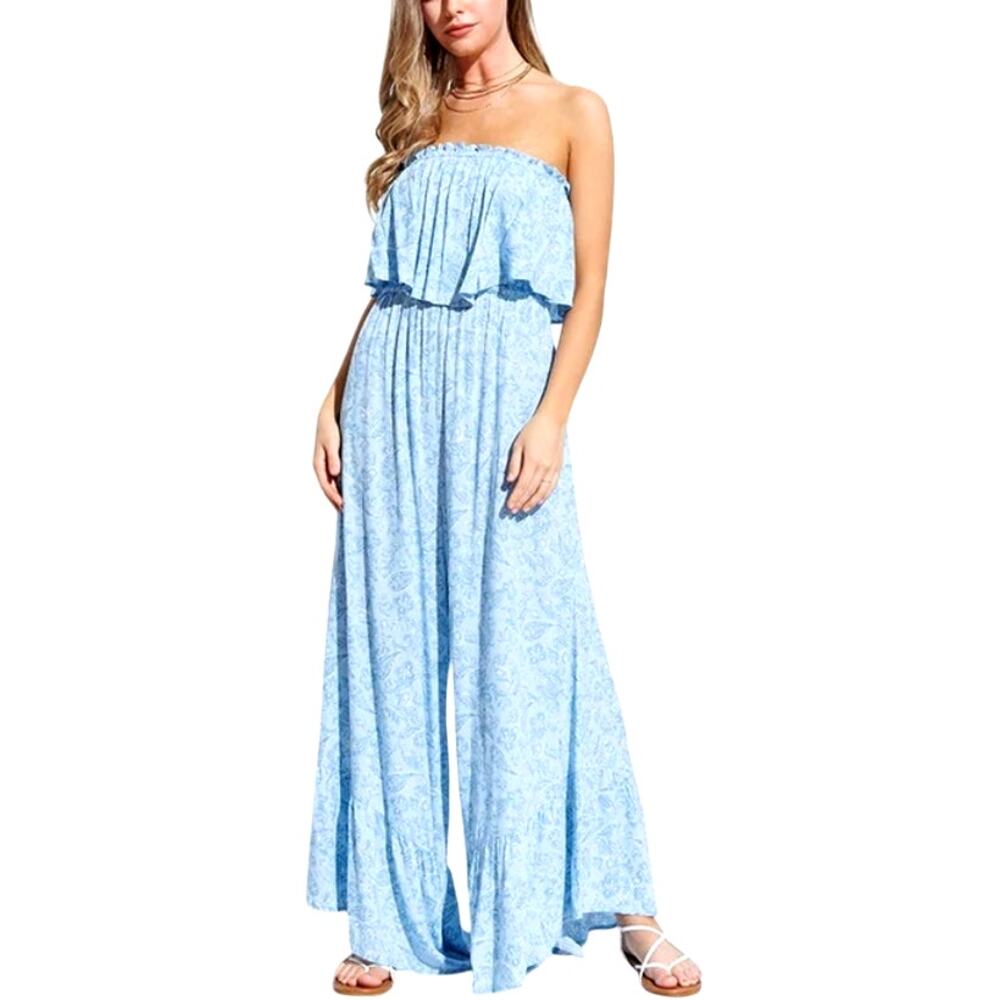 Illa Illa Women's Medium Light Blue Bliss Floral Strapless Wide Leg Jumpsuit